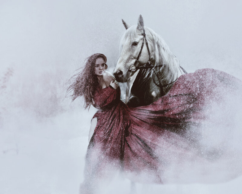Woman with White Horse — Dramatic, Winter