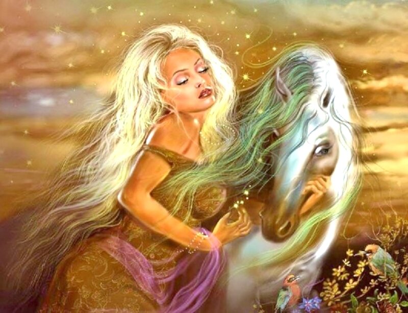 Woman with White Horse — Gold, Serene, Sunset, Digital Art