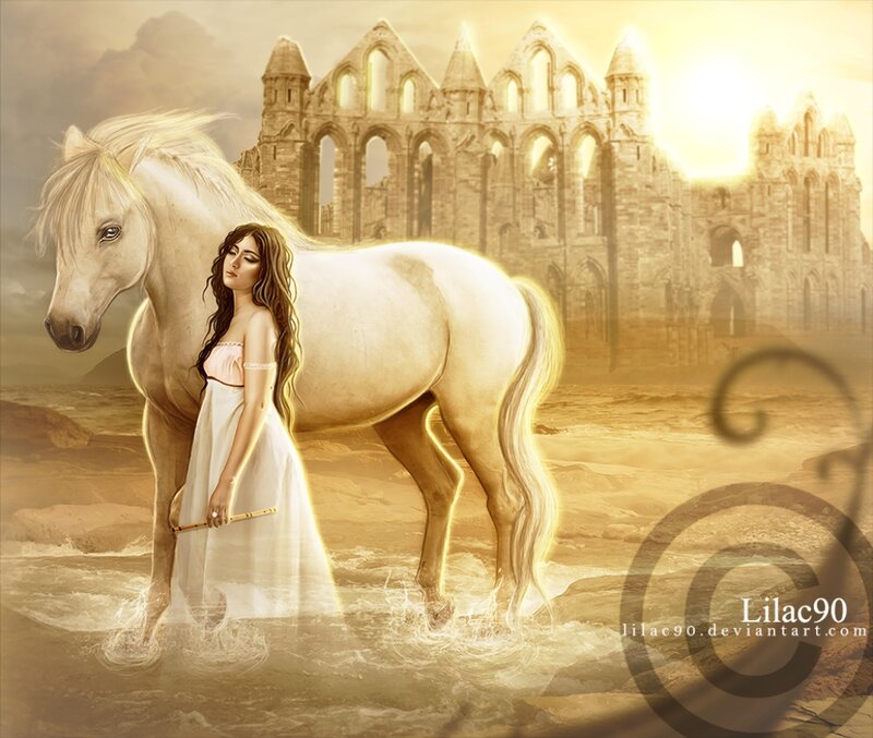 Woman with White Horse — Gold, Serene, Sunset