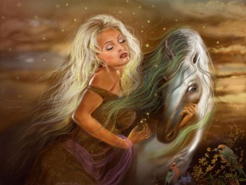 Woman with White Horse — Gold