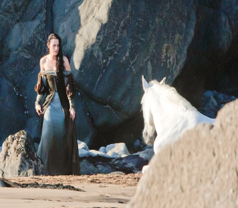 Woman with White Horse — Gray, Dramatic, Afternoon