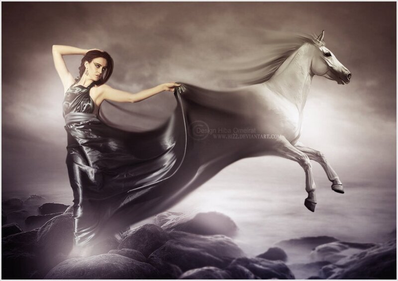 Woman with White Horse — Gray, Dramatic, Digital Art