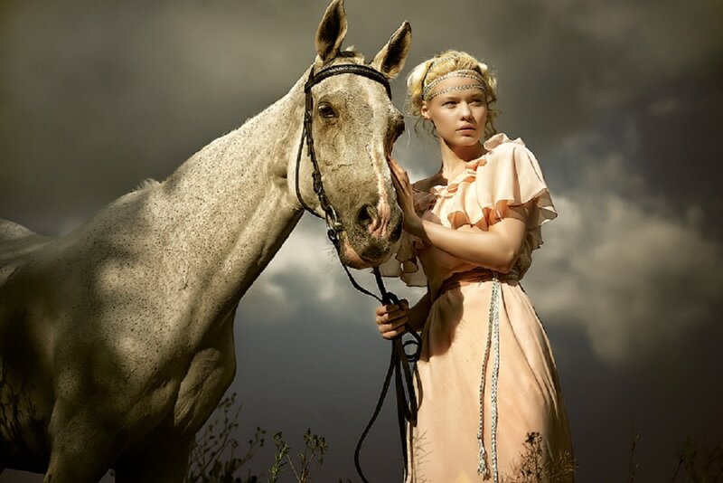 Woman with White Horse — Gray, Dramatic