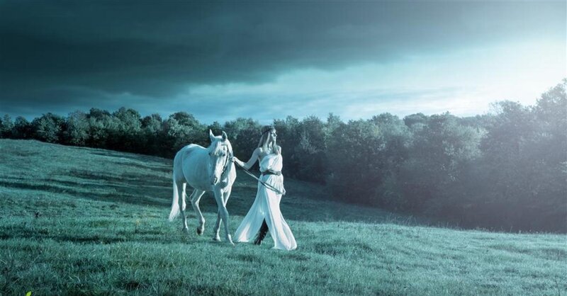 Woman with White Horse — Green, Dramatic, Afternoon, Photograph