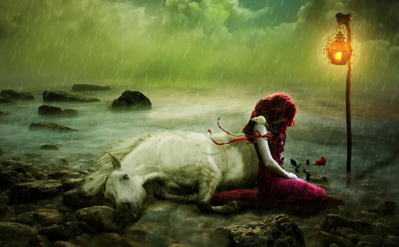 Woman with White Horse — Green, Dramatic, Night