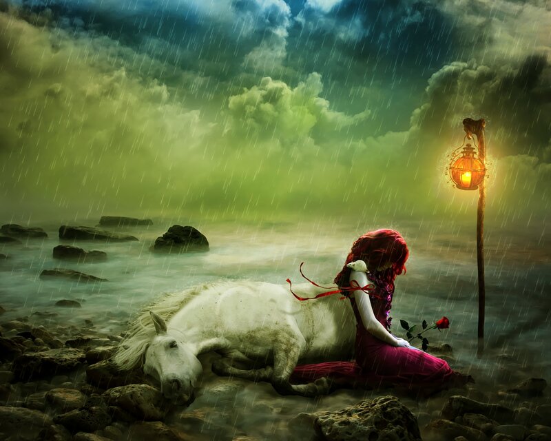 Woman with White Horse — Green, Dramatic