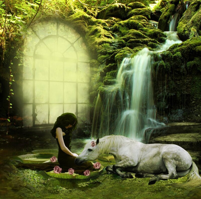 Woman with White Horse — Green, Serene, Digital Art