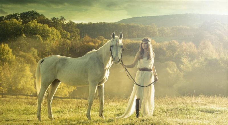 Woman with White Horse — Green, Serene, Morning