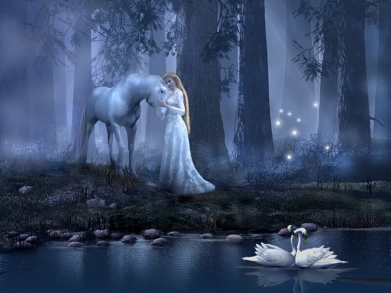woman with white horse in forest