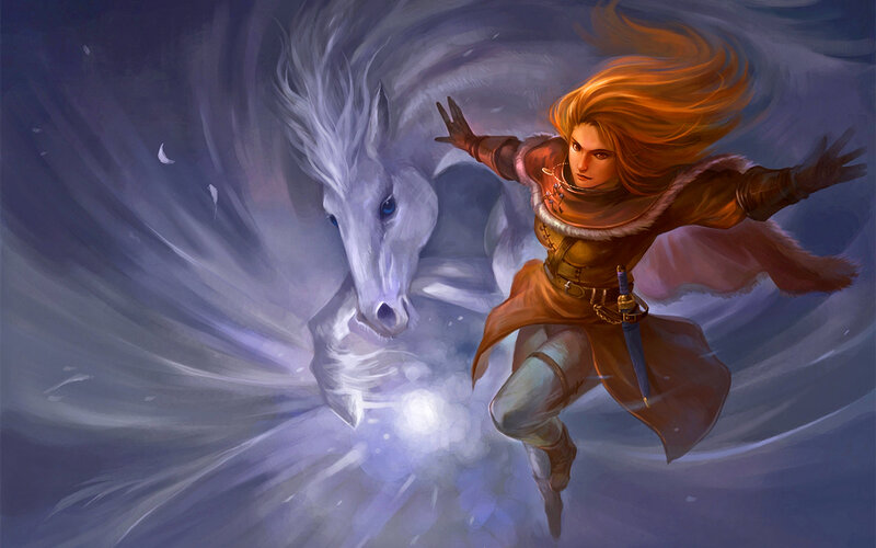 Woman with White Horse — Purple, Dramatic, Digital Art