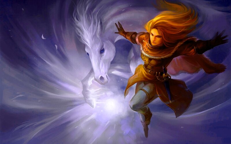 Woman with White Horse — Purple