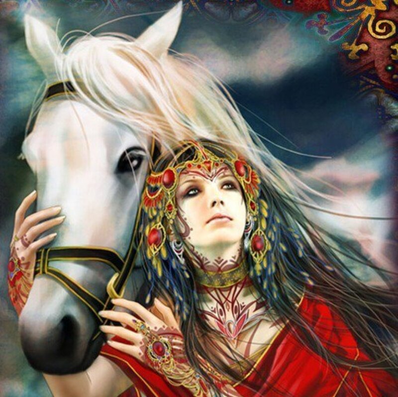 Woman with White Horse — Red, Dramatic
