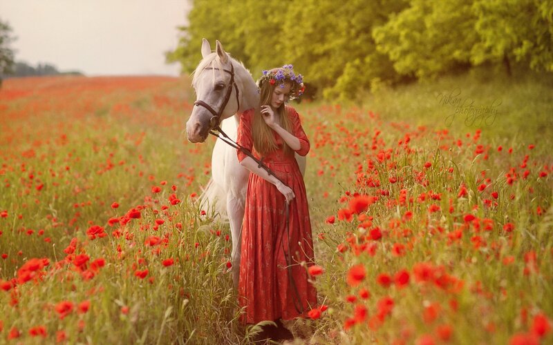 Woman with White Horse — Red, Serene