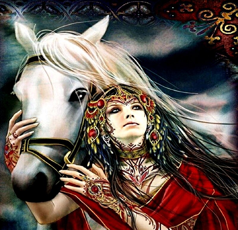 Woman with White Horse — Red