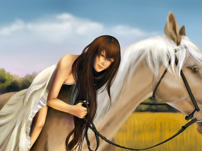 Woman with White Horse — Serene, Afternoon, Digital Art, Field