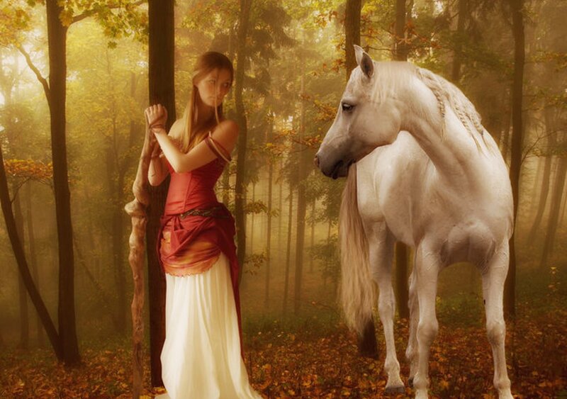 Woman with White Horse — Serene, Autumn, Digital Art