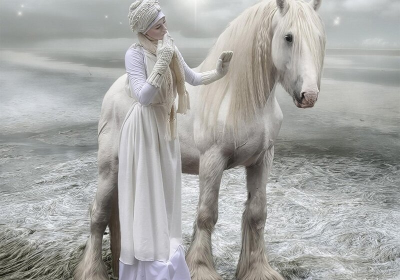 Woman with White Horse — Serene, Digital Art, Scarf, Gloves