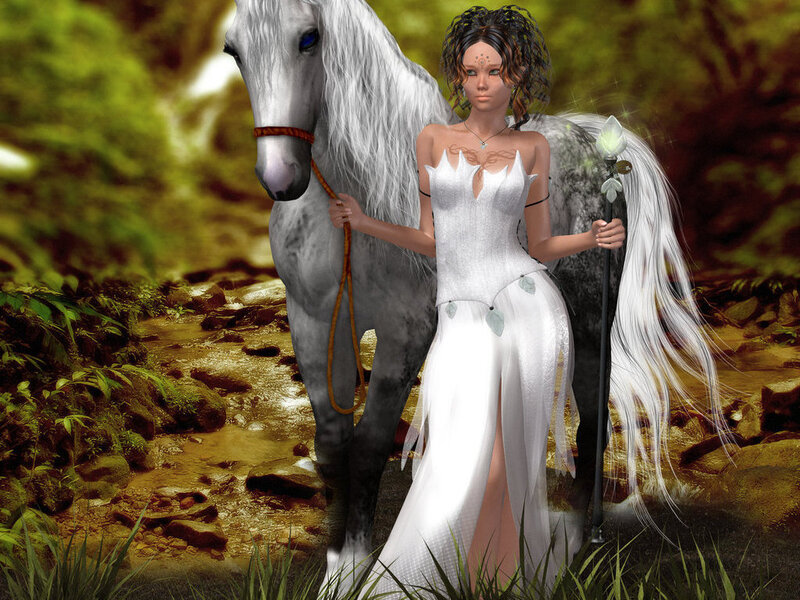 Woman with White Horse — Serene, Digital Art, Staff