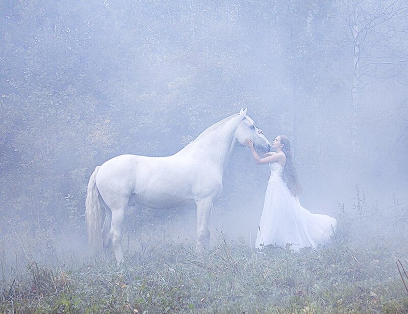 Woman with White Horse — Serene, Morning, Photograph