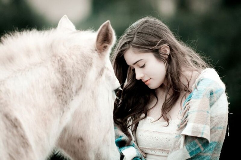 Woman with White Horse — Serene, Photograph, Plaid Shawl