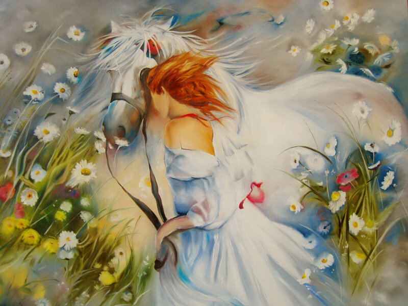 Woman with White Horse — Serene, Spring, Painting, Flowers