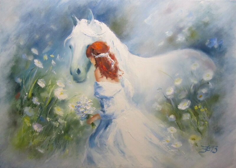 Woman with White Horse — Serene, Spring, Painting