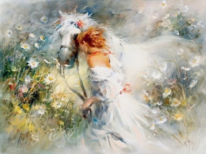 Woman with White Horse — Serene, Spring