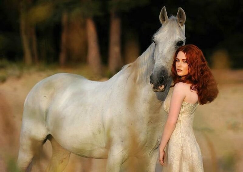 Woman with White Horse — Serene, Sunset, Photograph, Forest