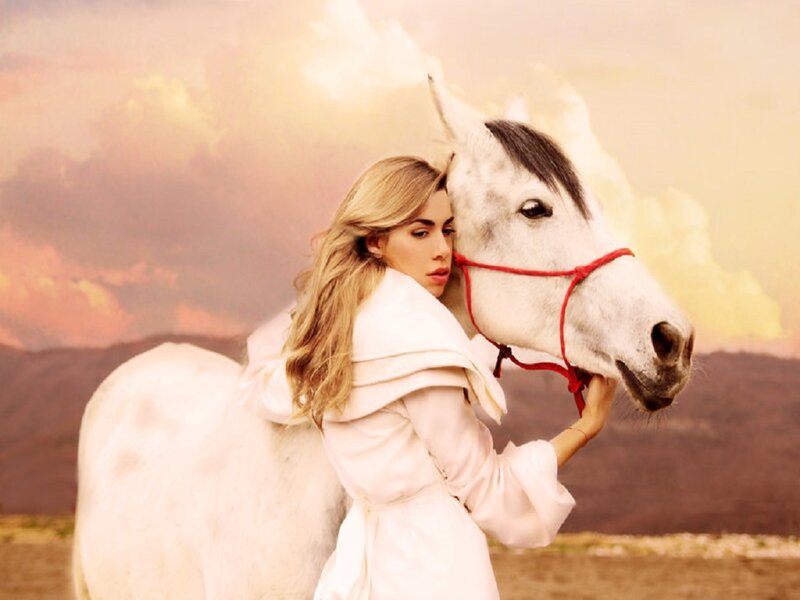 Woman with White Horse — Serene, Sunset, Photograph