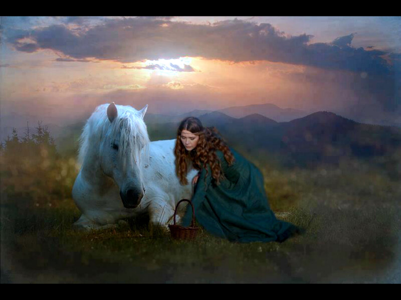 Woman with White Horse — Serene, Sunset