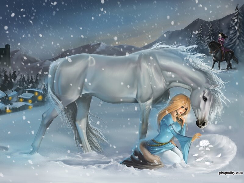 Woman with White Horse — Serene, Winter, Digital Art, Snow