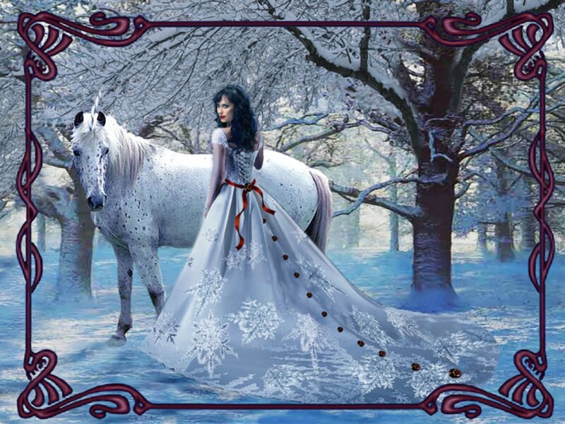 Woman with White Horse — Serene, Winter, Digital Art
