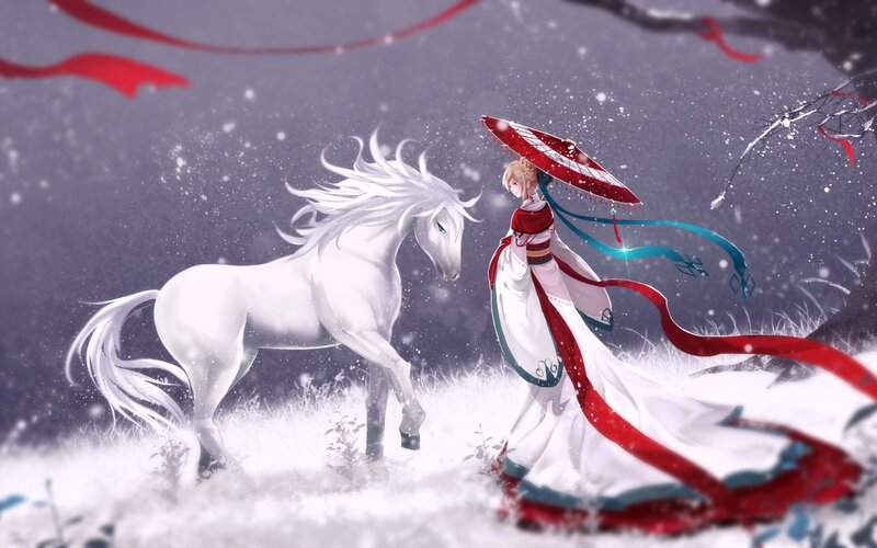 Woman with White Horse — Serene, Winter, Digital Art, Umbrella