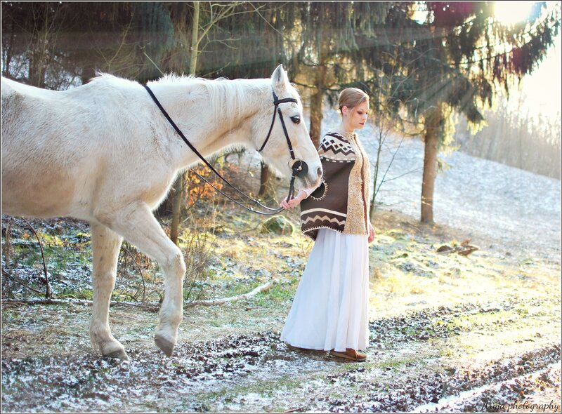 Woman with White Horse — Serene, Winter, Photograph, Forest
