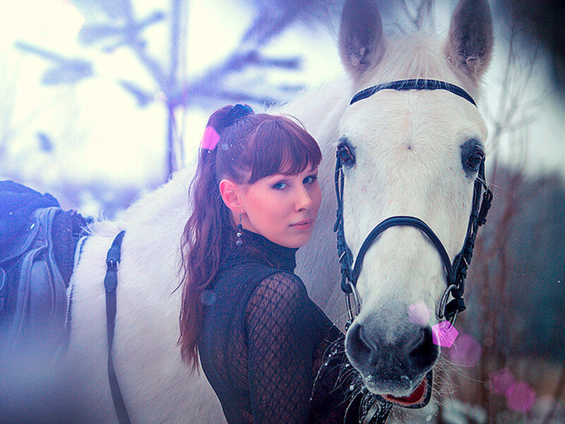 Woman with White Horse — Serene, Winter, Photograph, Saddle