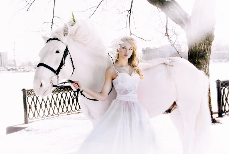 Woman with White Horse — Serene, Winter, Photograph, Snow, Tree