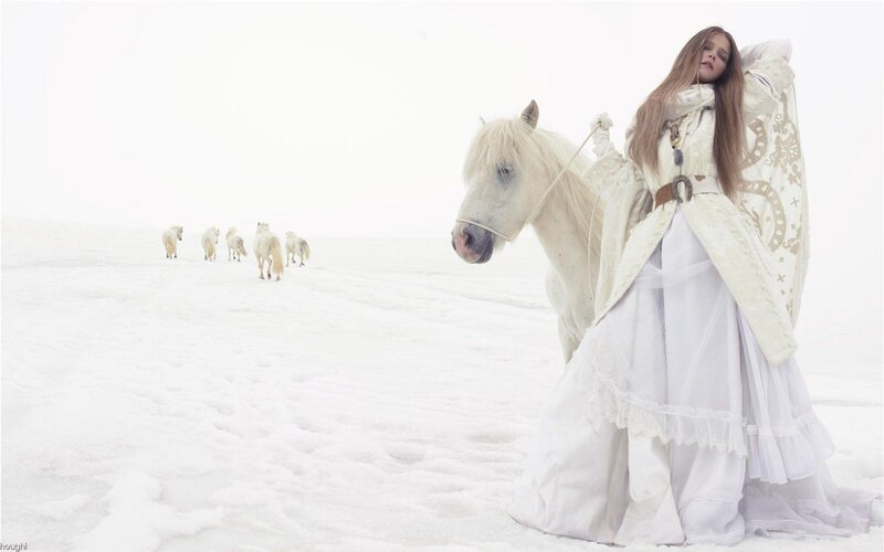 Woman with White Horse — Serene, Winter, Photograph