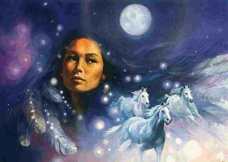 Woman with White Horses — Blue, Serene