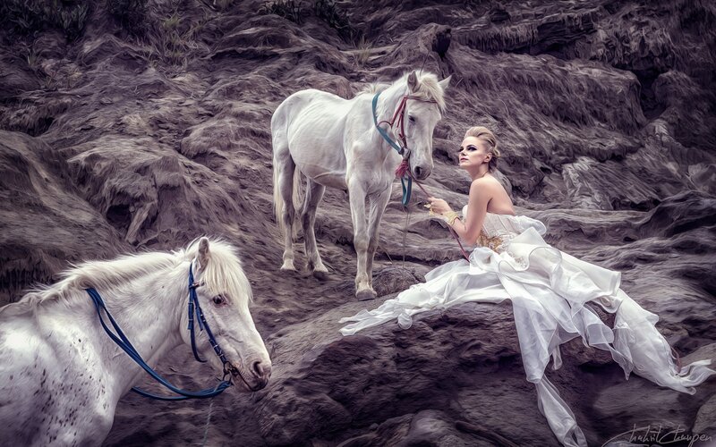 Woman with White Horses — Dramatic, Digital Art