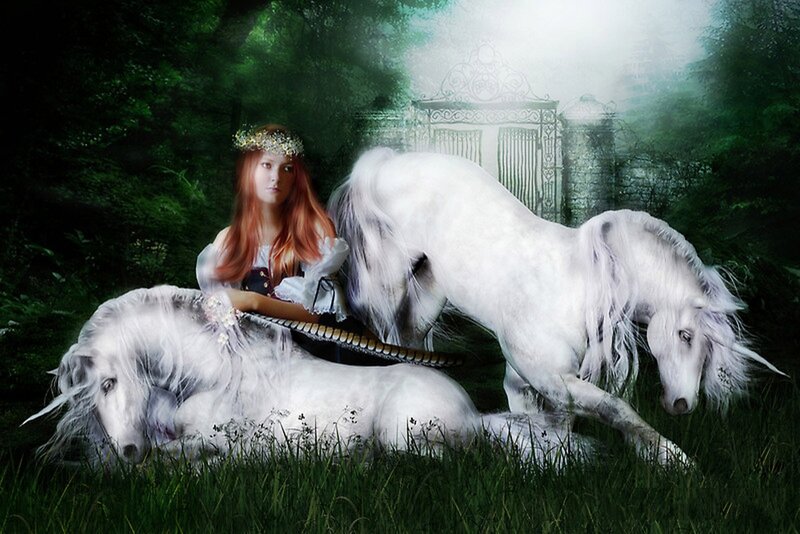 Woman with White Horses — Green, Serene, Digital Art, Forest