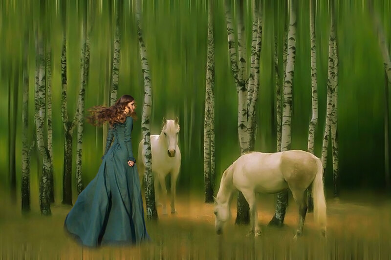 Woman with White Horses — Green, Serene, Digital Art