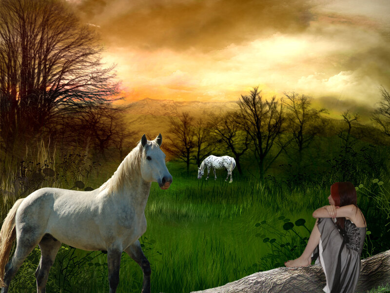 Woman with White Horses — Green, Serene