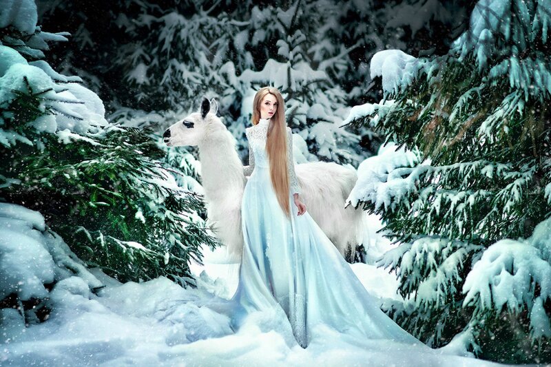 Woman with White Llama