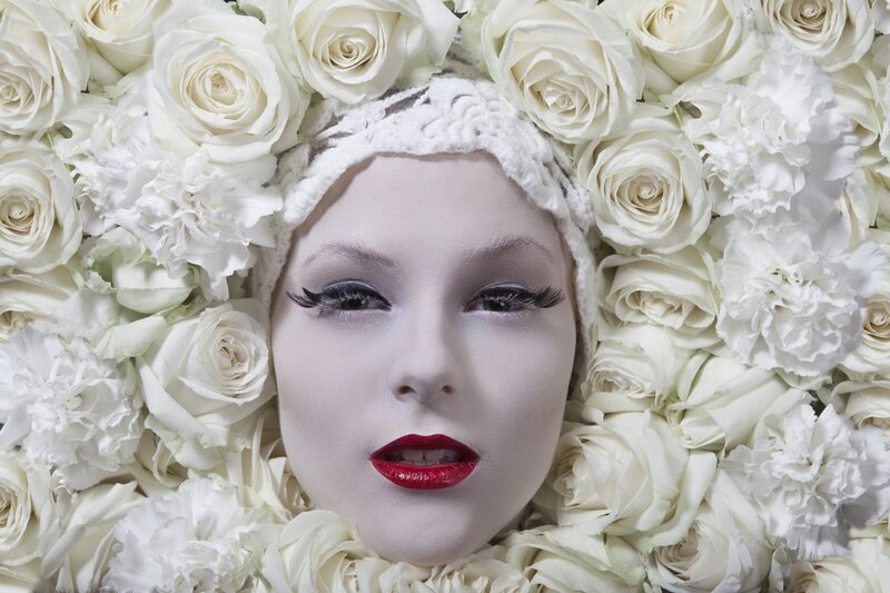 Woman with White Makeup — Dramatic, Photograph, White Roses