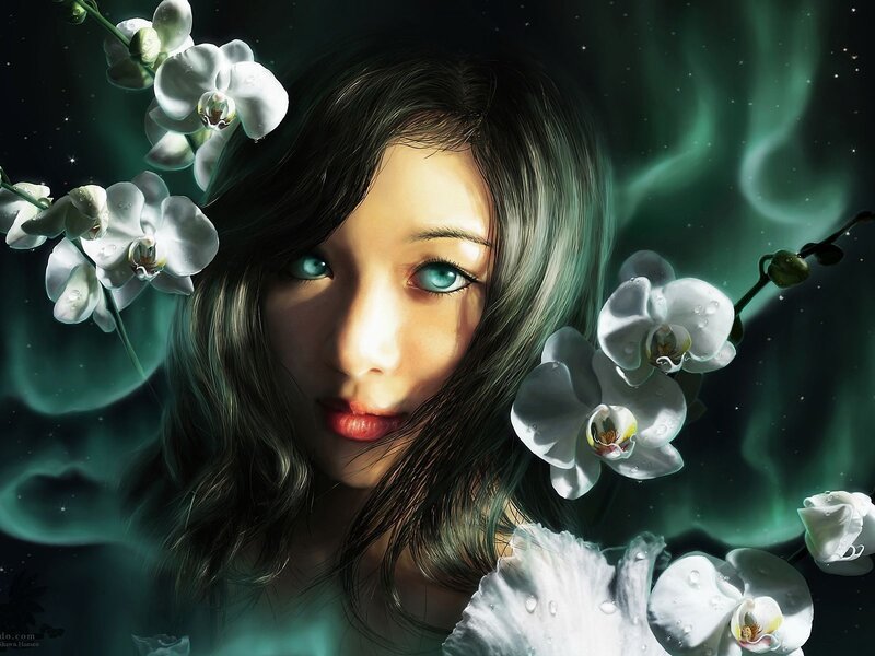 woman with white orchids