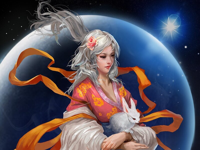 Woman with white rabbit on moon