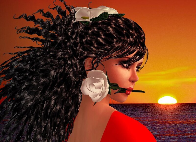 woman with white rose at sunset