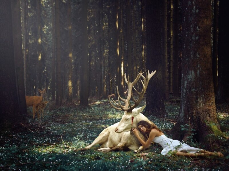 Woman with White Stag — Green, Dramatic