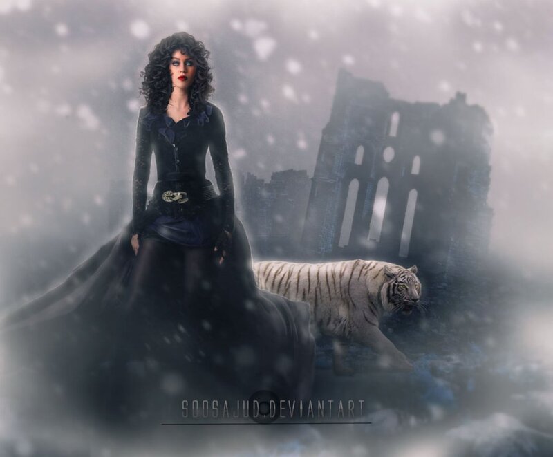Woman with White Tiger — Black, Dramatic, Winter