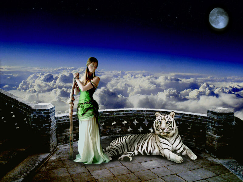 Woman with White Tiger — Blue, Dramatic, Night, Digital Art